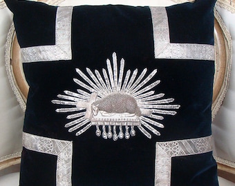 Antique pillow, Agnus Dei silver metallic stumpwork lamb, sequins, black velvet, Jesus Christ Holy Cross iconography, ecclesiastic