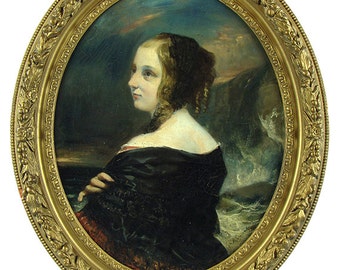 Camille Roqueplan antique oil portrait painting, oval gilt wood frame, French (1803-1855), beautiful woman in moody seaside landscape