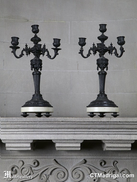 Pair Antique Candelabras, Two Gothic Big Tall Ornate Candle