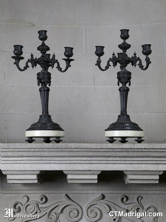 Pair Antique Candelabras, Two 2 Gothic Big Tall Ornate Candle Holders, Brass  Bronze Black Metal White Alabaster Marble, 1800s 19th C 