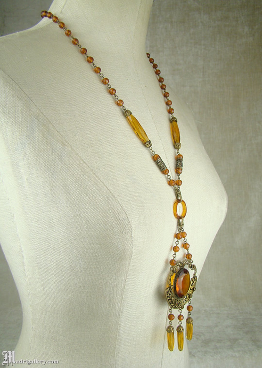 1920s Flapper Necklace, Antique Art Deco Glass Brass Sautoir Filigree ...