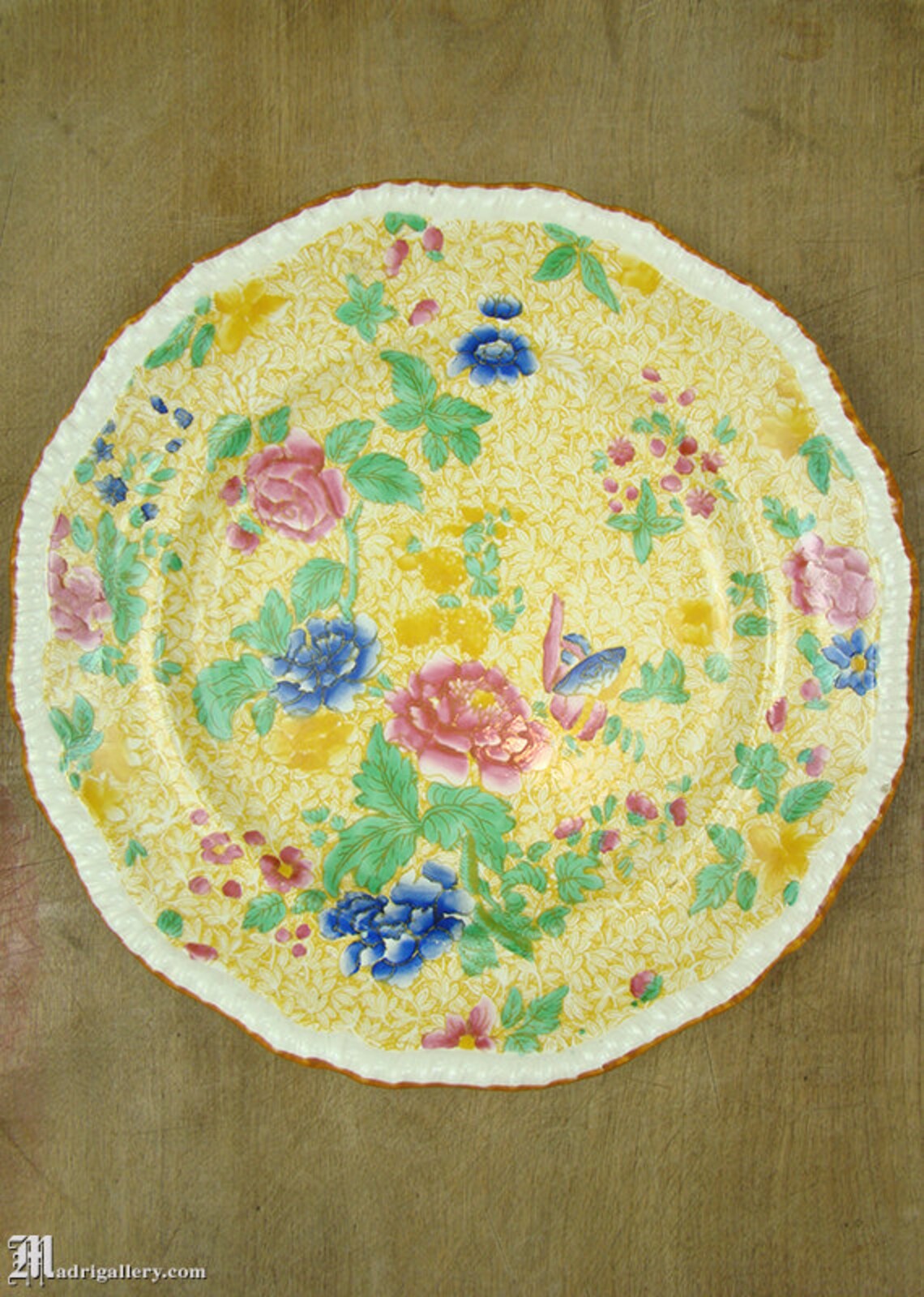 Pair Two Antique Plates With Rich Garden Yellow Pink Blue