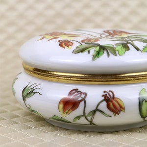 Antique Art Nouveau dresser vanity jar, Limoges hand painted porcelain jewelry trinket box, big lid flowers brass, round powder CFH GDM image 3