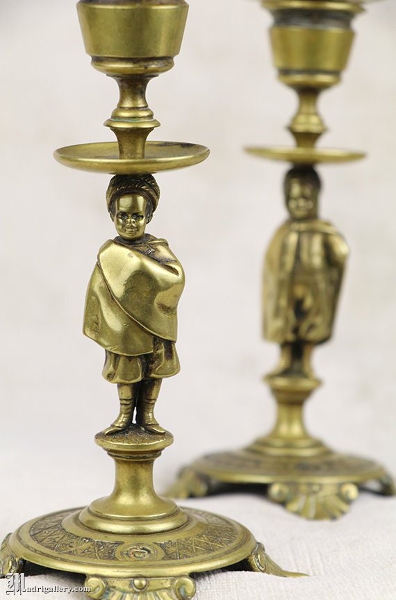 Antique Candlestick Pair, Bronze Brass Glass, Candelabra, Candle Holders  Epergnette, Boy Girl Figural Blackamoor Gothic Victorian, Footed 