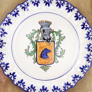 Antique porcelain cabinet plate, hand painted heraldic armorial 1800s 19th century, cobalt blue, gothic shield bright color colorful