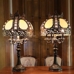 Pair antique bronze brass lamps, 2 Hollywood Regency big tall ornate candelabra slag glass jeweled gold Art Deco 1930 1920 1940 mansion huge