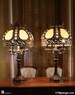 Pair antique bronze brass lamps, 2 Hollywood Regency big tall ornate candelabra slag glass jeweled gold Art Deco 1930 1920 1940 mansion huge 