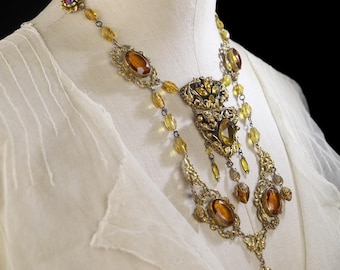 Antique art-nouveau necklace golden citrine colored crystal brass filigree bib bezel set jewels Edwardian