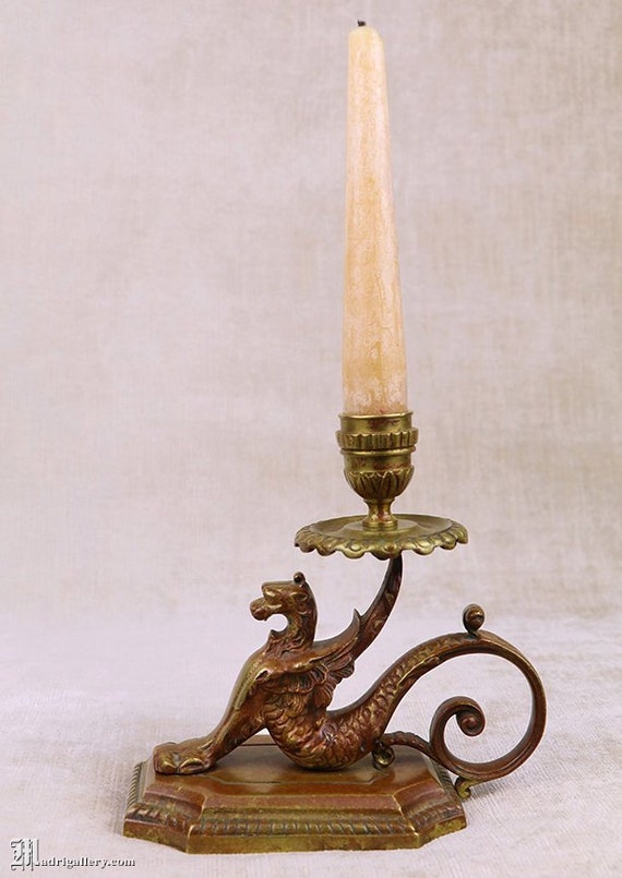 Antique Griffin Candlestick, Gilt Brass Bronze Chamberstick Candle Holder  Figural Gryphon Winged Lion Dragon Gothic Ormolu Ornate Metal 