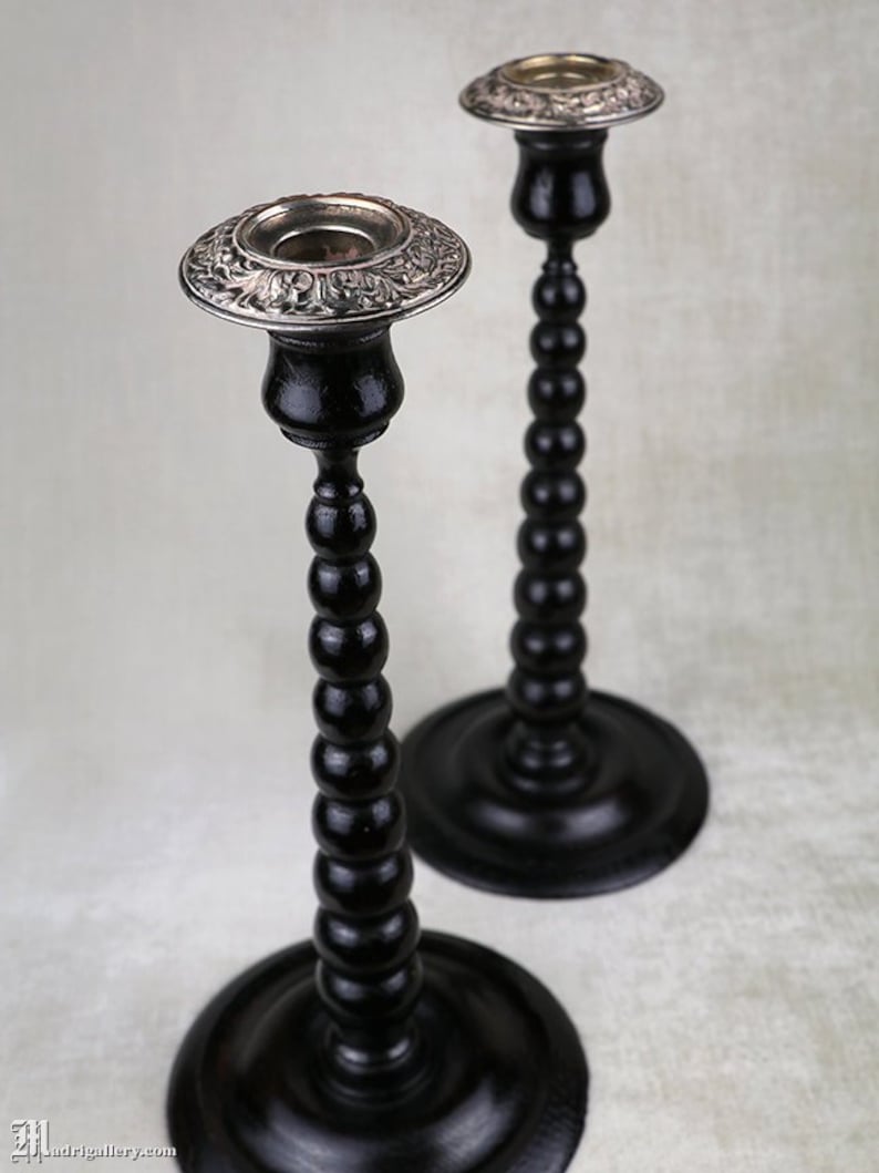 Antique Turned Wood Candlestick Pair, Two Tall Oak Candle Holders
