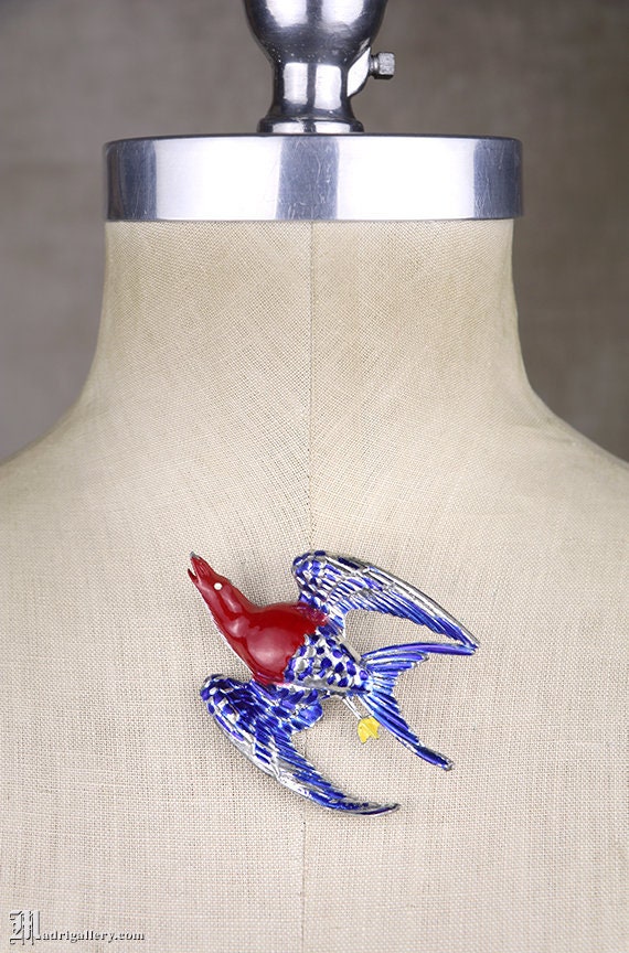 1930s enameled bird brooch, figural pin, red blue,