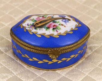 Old hand painted French Limoges porcelain jewelry ring casket, dresser trinket box, small, floral flowers, instrument, blue white gold gilt