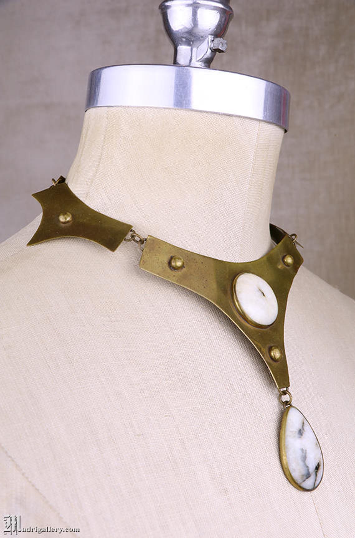 Brass Collar Necklace, Quartz, Modernist Hand Hammered Cleopatra