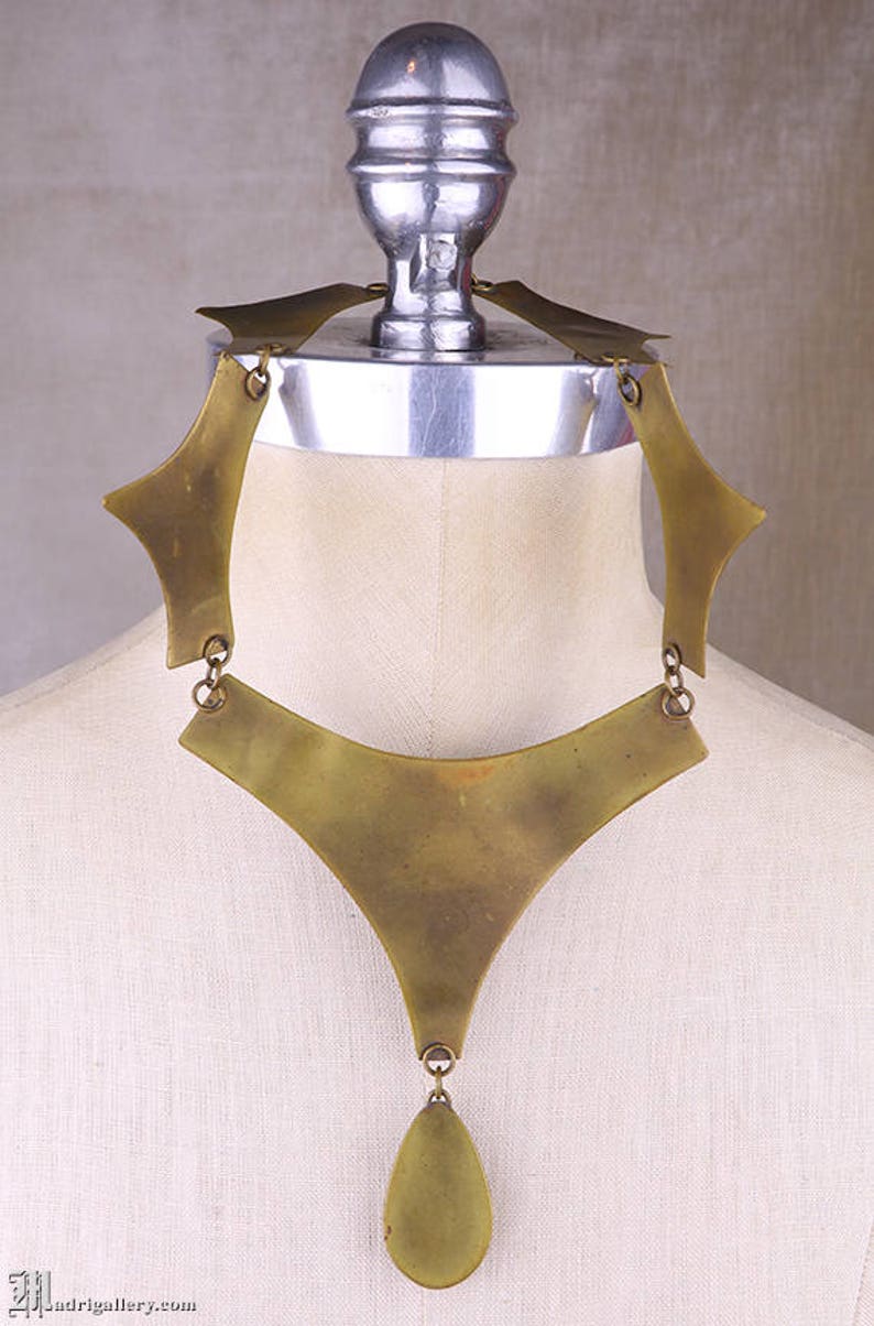Brass Collar Necklace, Quartz, Modernist Hand Hammered Cleopatra