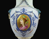 Antique Urn Vase, hand-painted polychrome, cameo portrait, lion handles, classical neoclassical art deco, 12.5 inches tall, lavender