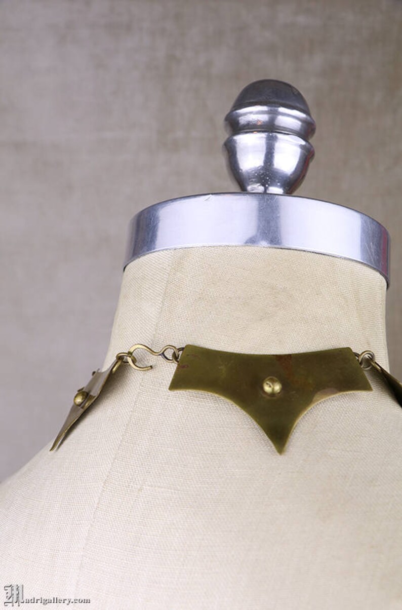 Brass Collar Necklace, Quartz, Modernist Hand Hammered Cleopatra