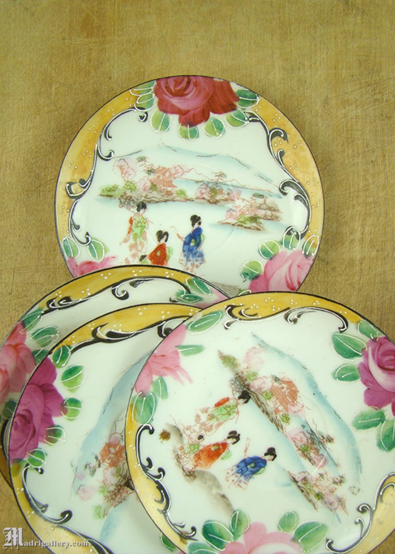 Four 4 Small Plates, Old Decorative Porcelain Saucers Set, Hand Painted