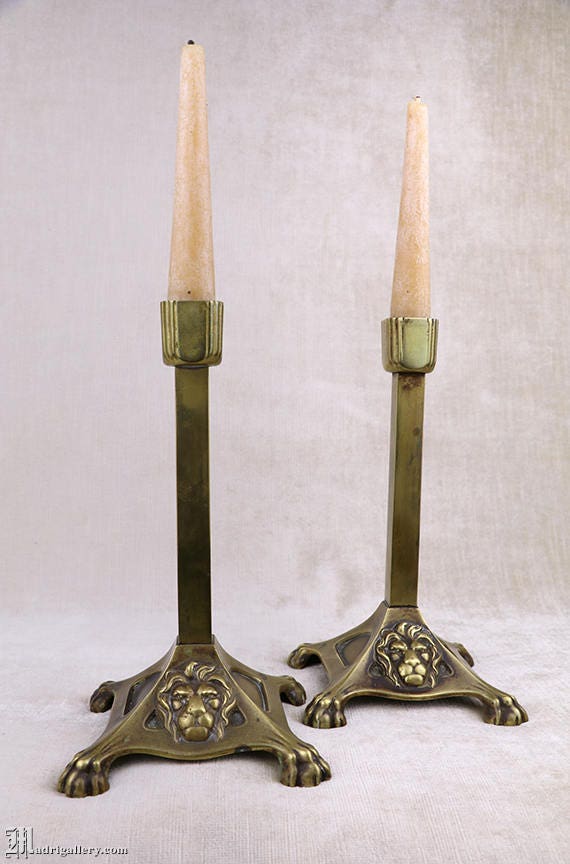 Antique Lion Candlestick Pair, Brass Candle Stick Holder, Figural