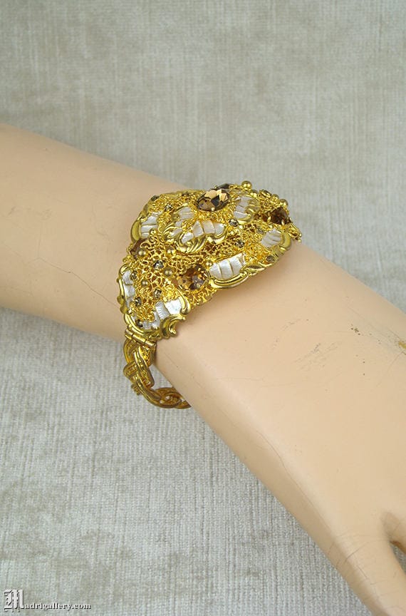 Gold plate filigree cuff bracelet, faceted topaz g