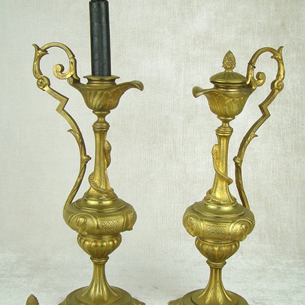 Antique Victorian serpent snake candlestick pair, gilt gilded bronze brass, candelabra, candle holders snuff lids, ormolu, grecian urn