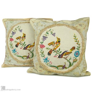 Pair french country pillows, antique bird embroidery, crewel embroidered linen, soft brush fringe, velvet, floral flowers, beige tan cream image 1