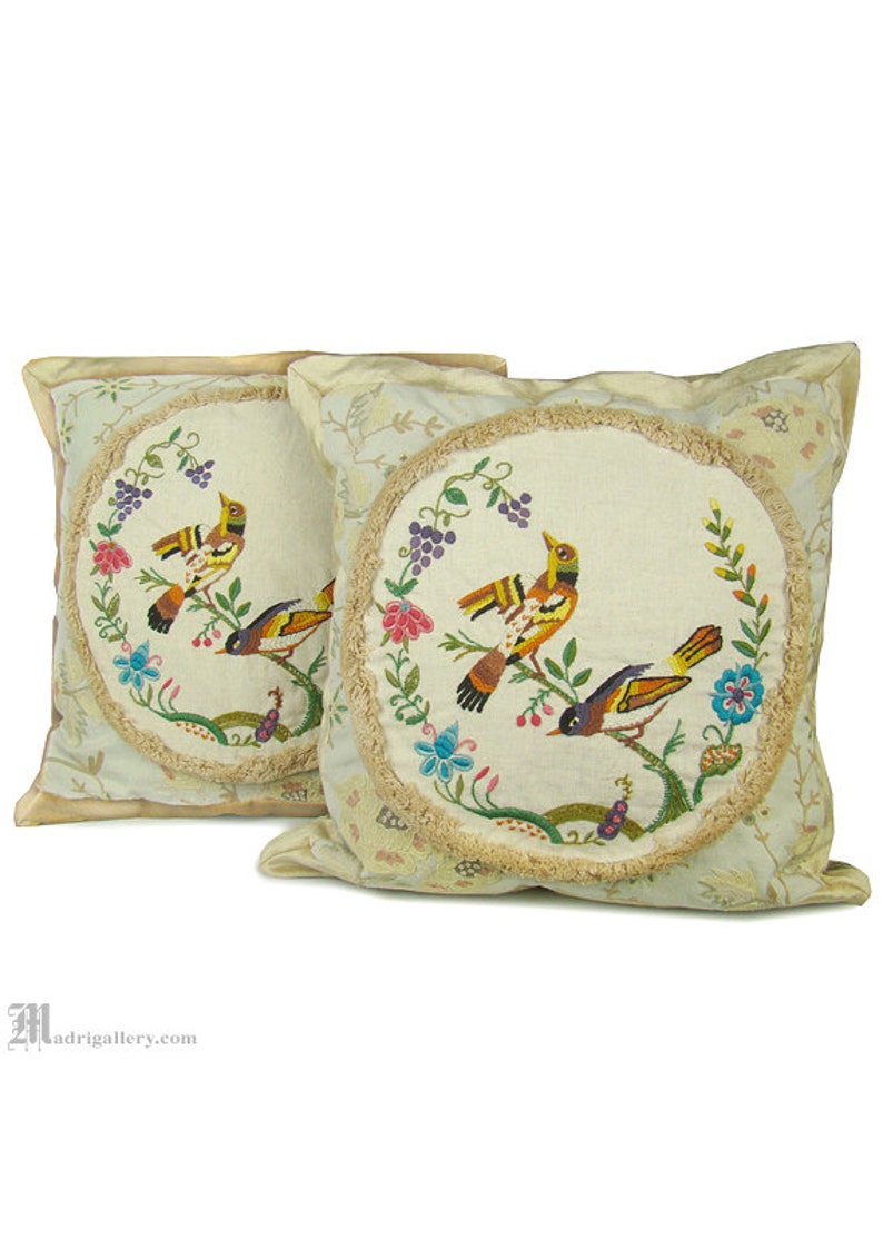 Pair french country pillows, antique bird embroidery, crewel embroidered linen, soft brush fringe, velvet, floral flowers, beige tan cream image 1
