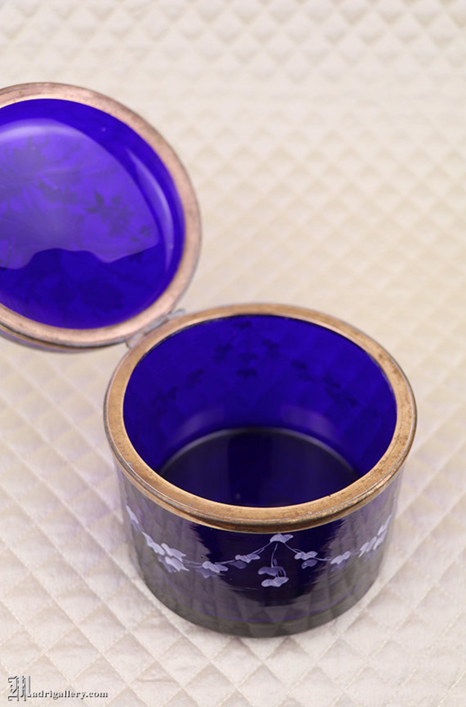 Big Antique Dresser Vanity Jar, Enameled Cobalt Blue Glass Jewelry