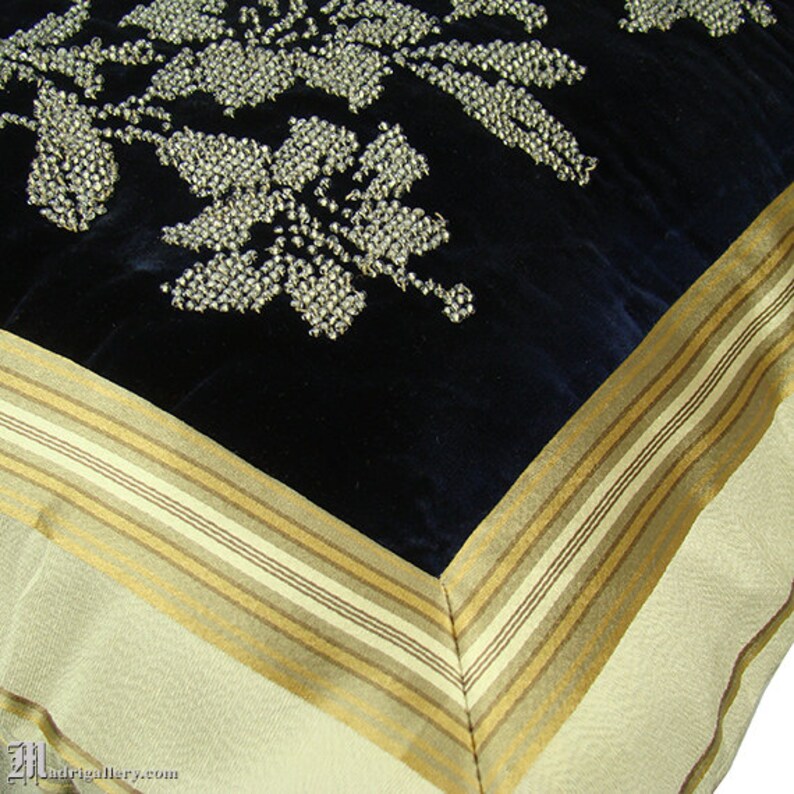 Pillow, Antique Victorian Glass Beaded Black Velvet Needlepoint Gold