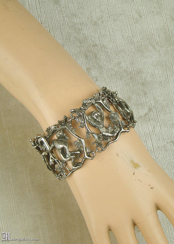Antique silver silverplated bracelet, monkey figur