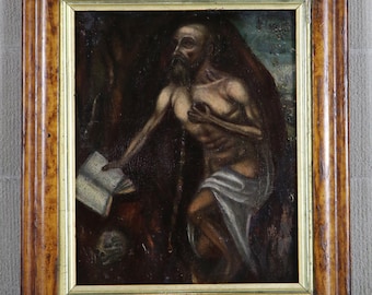 Antikes Ölgemälde des Heiligen Jerome auf Holzbrettplatte des 17.Jahrhunderts, St Jerome im religiösen christlichen Mythologiegott der Wildnis