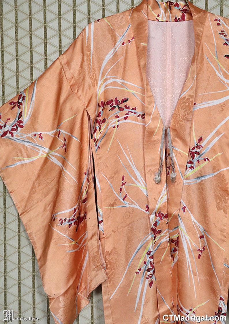 Satin silk haori, vintage kimono jacket robe coat, long sleeves, Japanese, flowers peach orange red, batwing, antique 1920s 1930s 1910s image 2