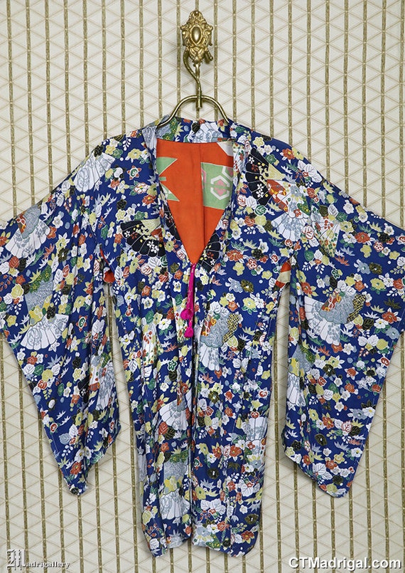 Antique blue silk haori, vintage kimono jacket rob