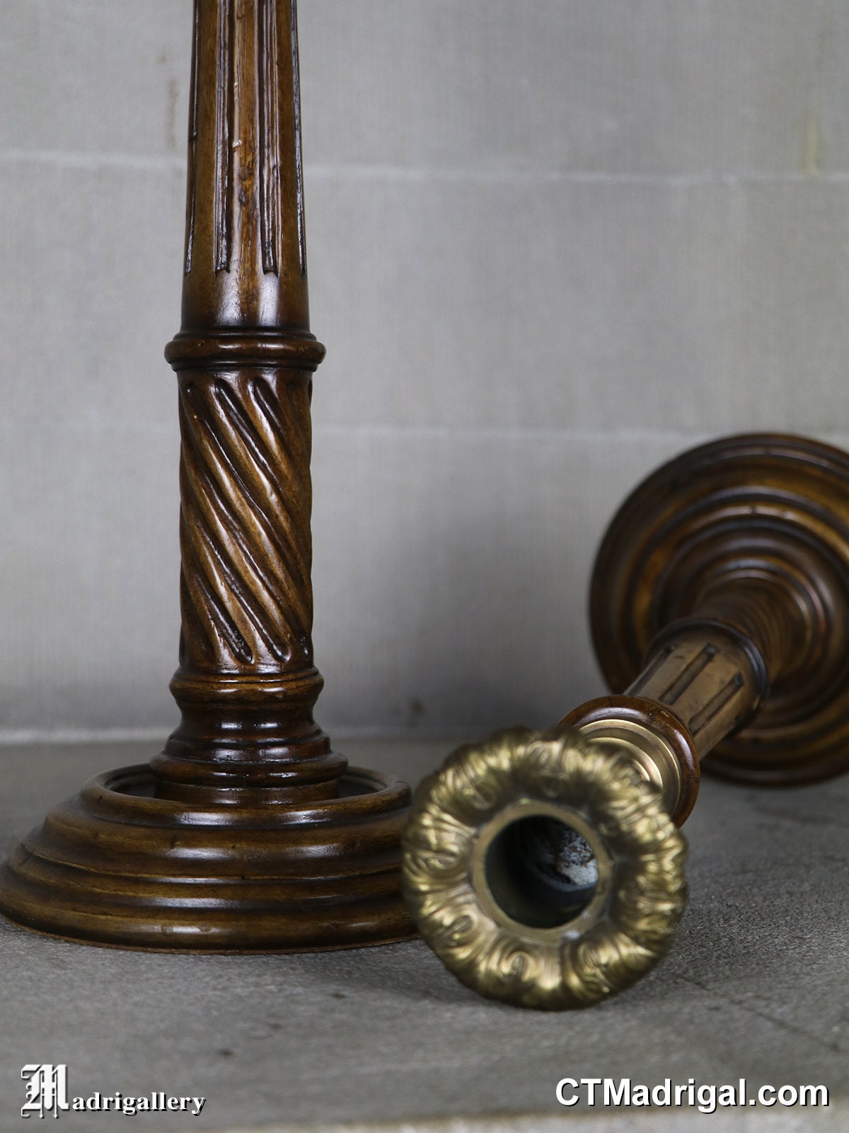 BIG Antique Turned Wood Candlestick Pair Two Tall Barley Twist Wooden ...