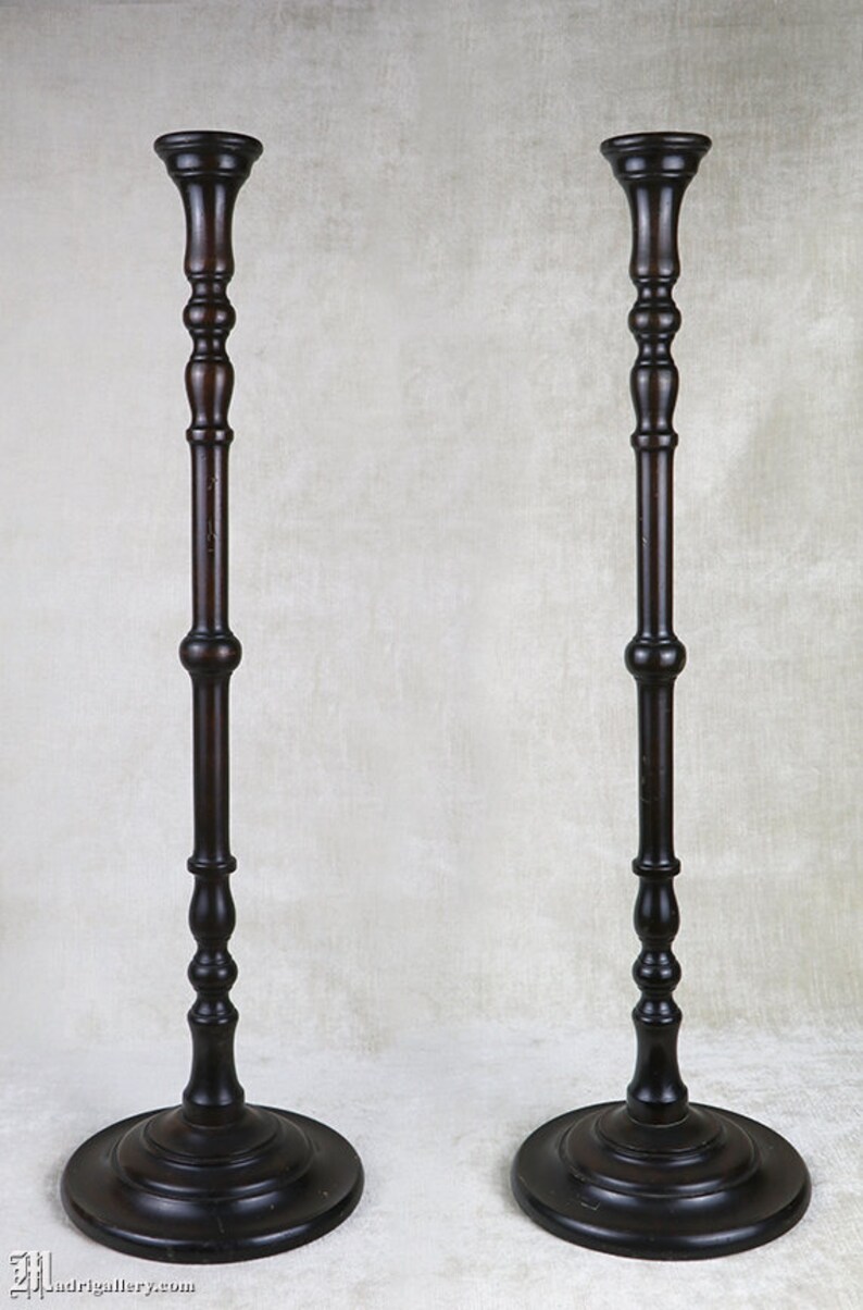 Huge Antique Turned Wood Candlestick Pair Two Tall Wooden Etsy