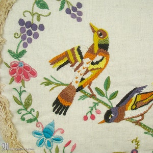 Pair french country pillows, antique bird embroidery, crewel embroidered linen, soft brush fringe, velvet, floral flowers, beige tan cream image 3