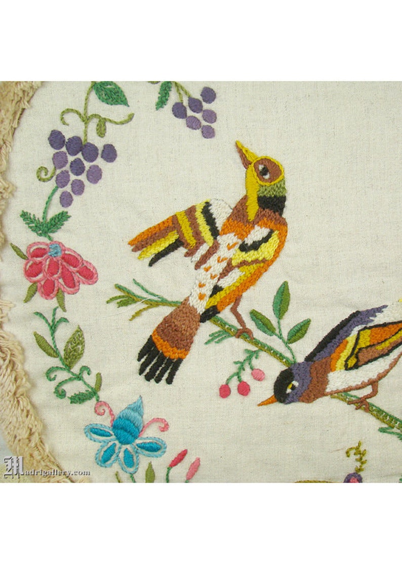Pair french country pillows, antique bird embroidery, crewel embroidered linen, soft brush fringe, velvet, floral flowers, beige tan cream image 3