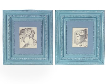 18th C. neo-classical pair of portrait drawings, laid paper, in robins egg blue enameled grand carved wood frames, pencil graphite