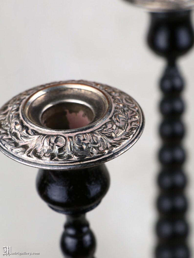 Antique Turned Wood Candlestick Pair, Two Tall Oak Candle Holders