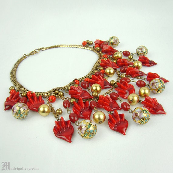 Antique 1920s Red Molded Glass Leaf Festoon Necklace With Gold Tone ...