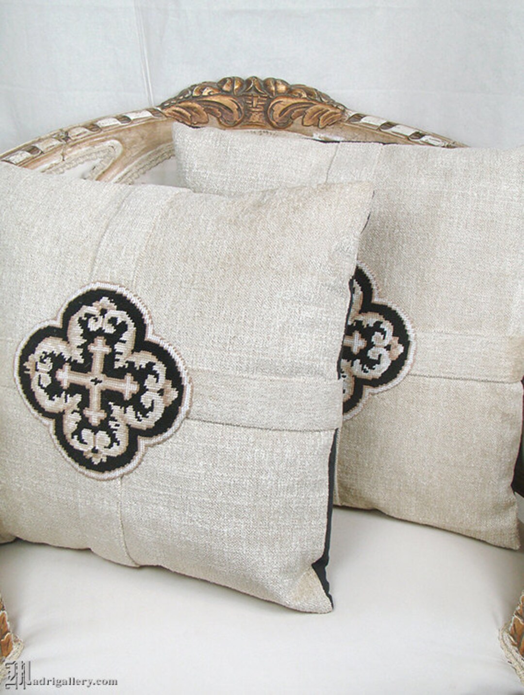 Pillow Pair, Vintage Needlepoint Maltese Crosses Beige Chenille Pillows