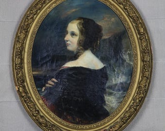 アンティークのフランス人女性の肖像画、古典的なビクトリア朝風の