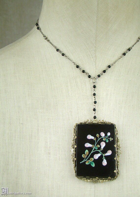 Near antique hand-painted black glass necklace, f… - image 2