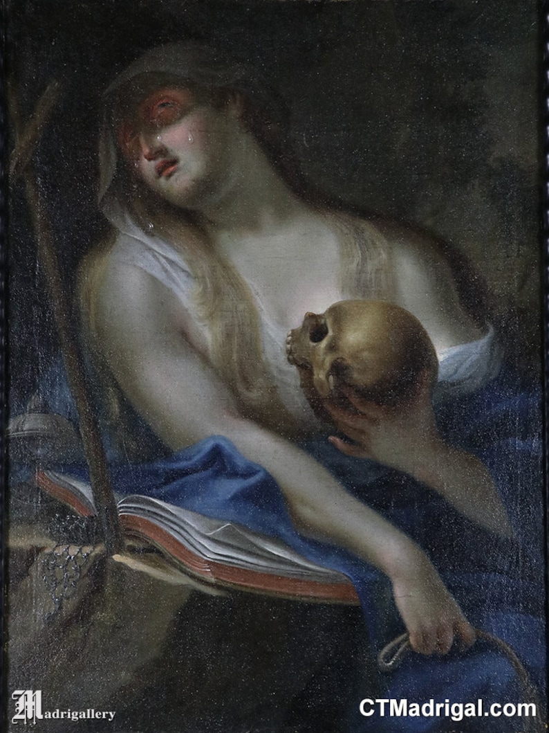 Antique oil painting Repentant Mary Magdalene vanitas skull 18th century religious Christian Iconography Jesus Christ canvas panel frame image 3