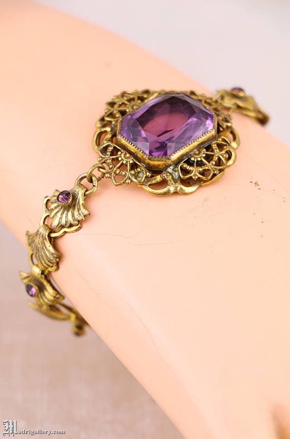 Antique gilt brass bracelet, amethyst faceted gla… - image 2