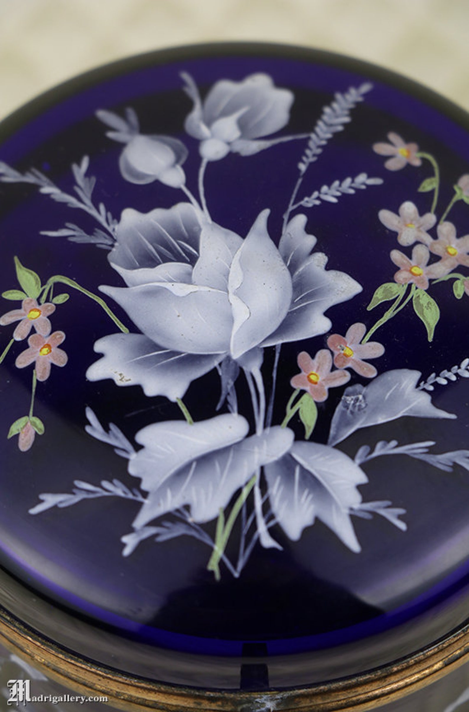 Big Antique Dresser Vanity Jar, Enameled Cobalt Blue Glass Jewelry