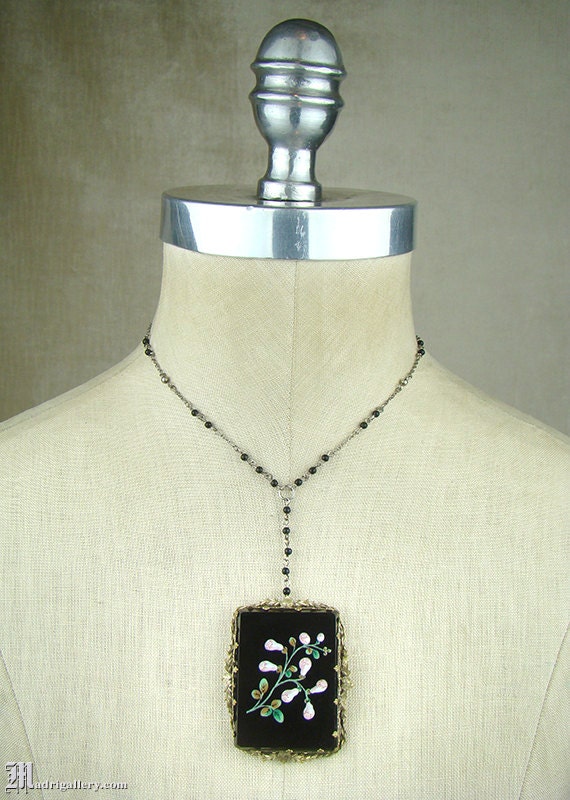 Near antique hand-painted black glass necklace, fl