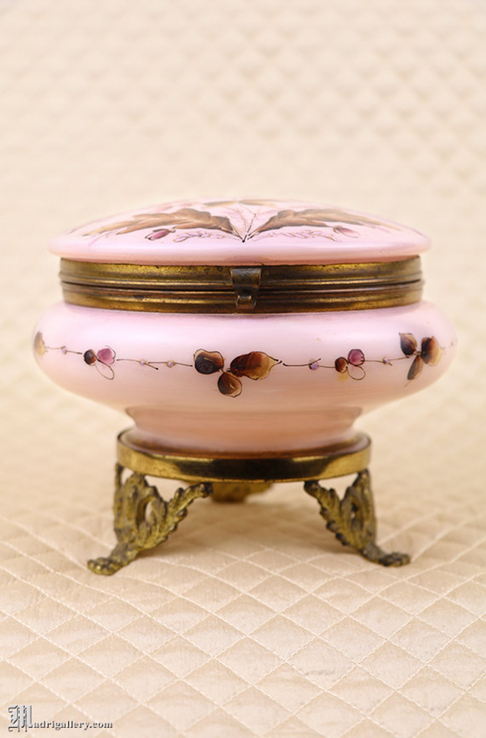 Antique Dresser Vanity Jar, Hand Painted Glass Jewelry Trinket Box