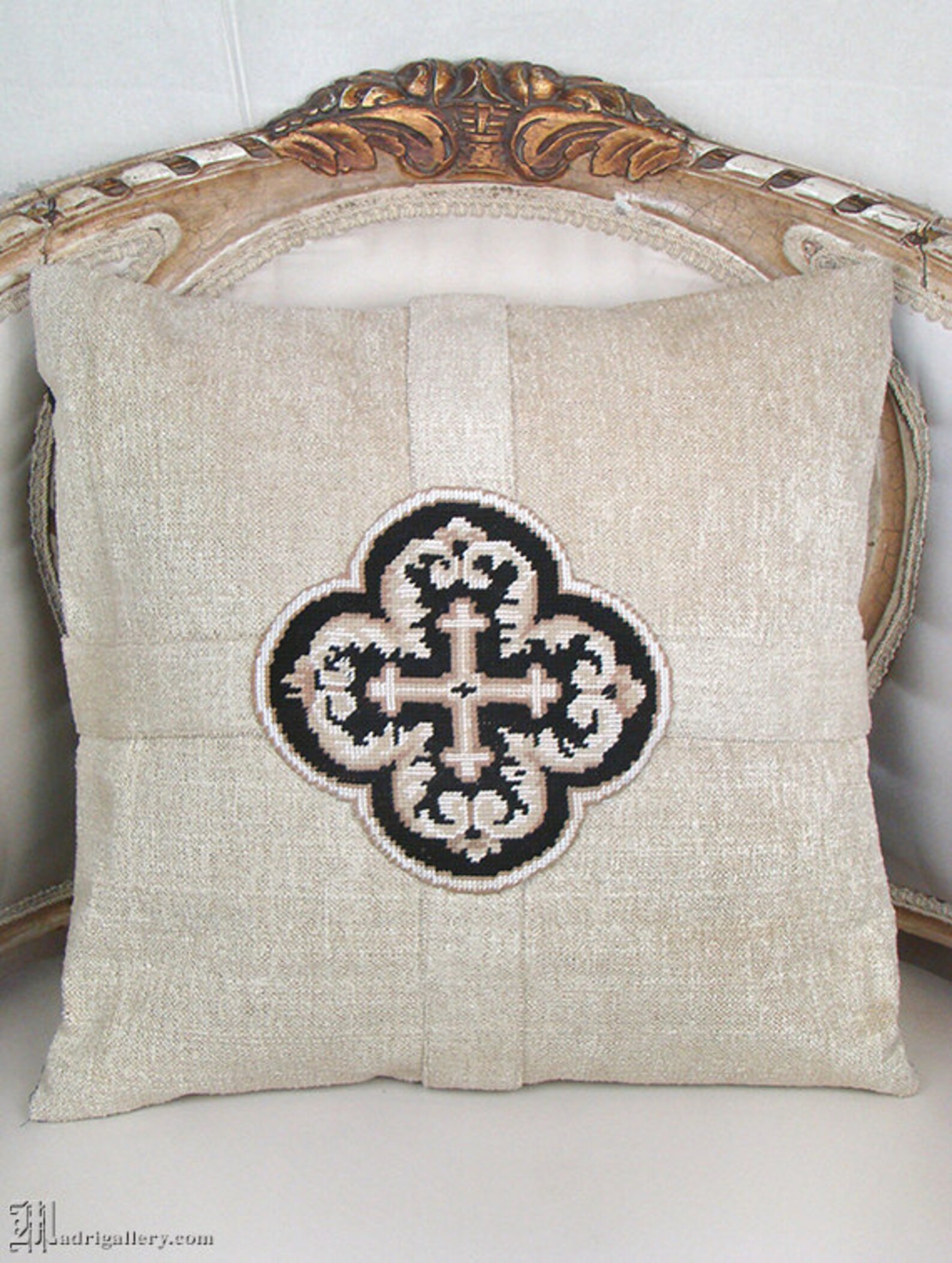Pillow Pair, Vintage Needlepoint Maltese Crosses Beige Chenille Pillows