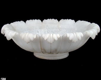 Antique 19th century alabaster bowl, big & heavy with elegant shape and beautifully carved sculptural acanthus leaf rim