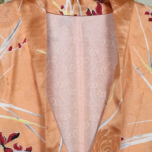 Satin silk haori, vintage kimono jacket robe coat, long sleeves, Japanese, flowers peach orange red, batwing, antique 1920s 1930s 1910s 画像 5